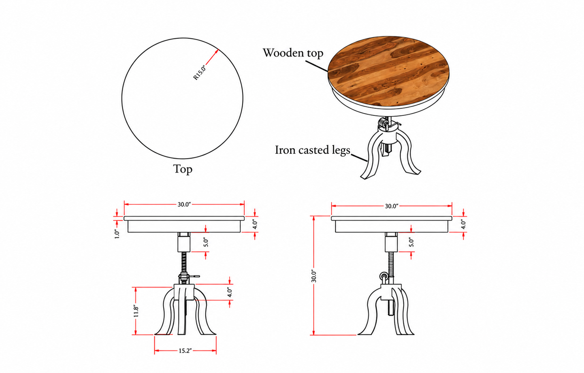 Dimensioned furniture technical drawing