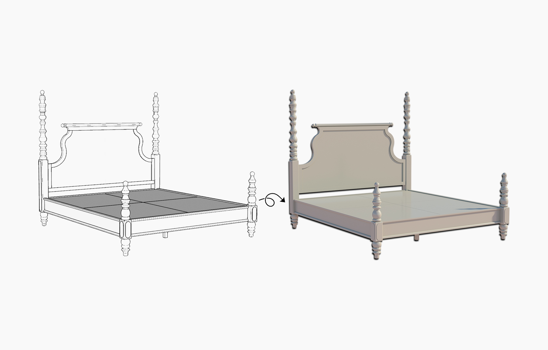 Furniture shown through three-dimensional development stages