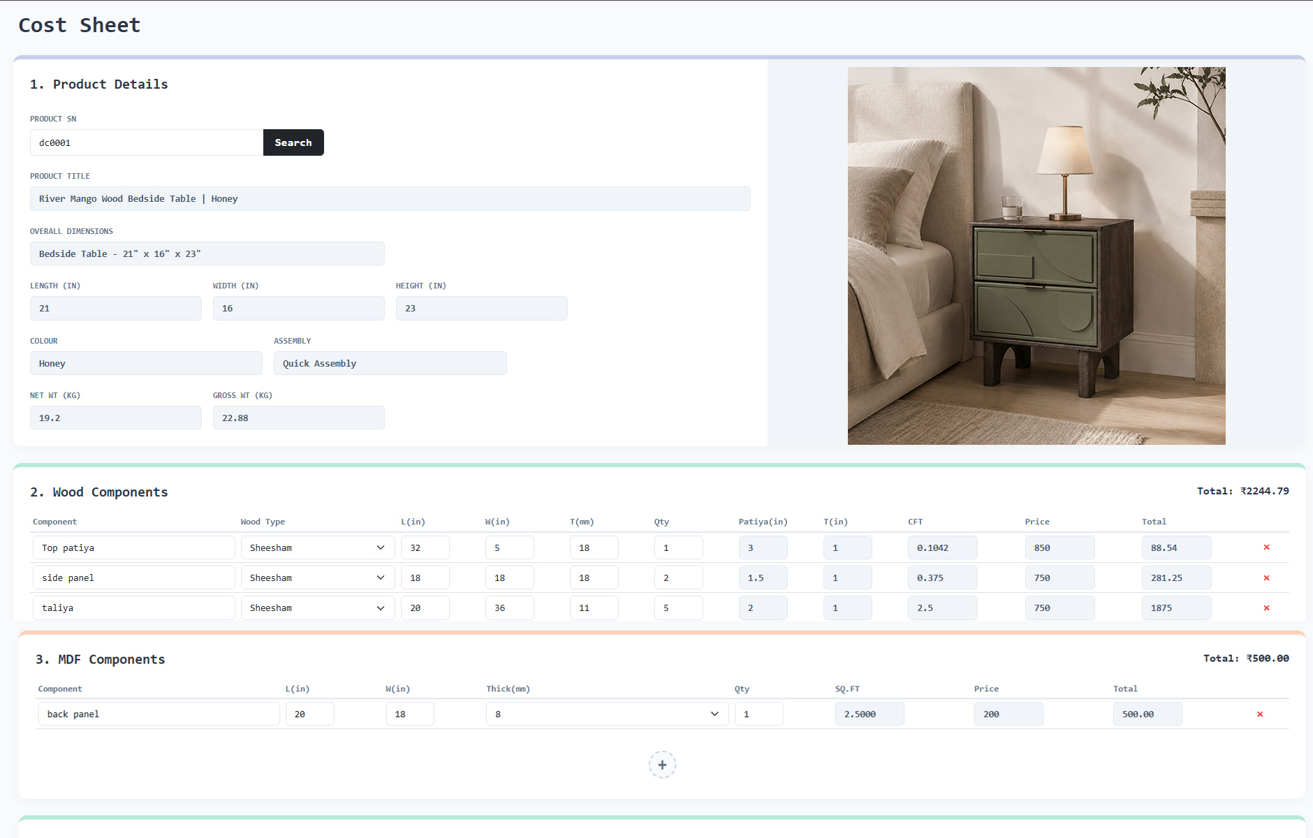Furniture bill of materials and costing sheet
